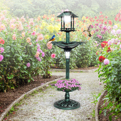 Antique Lighted Birdbath and Feeder Combo with 2 Solar-powered Lamps-Green