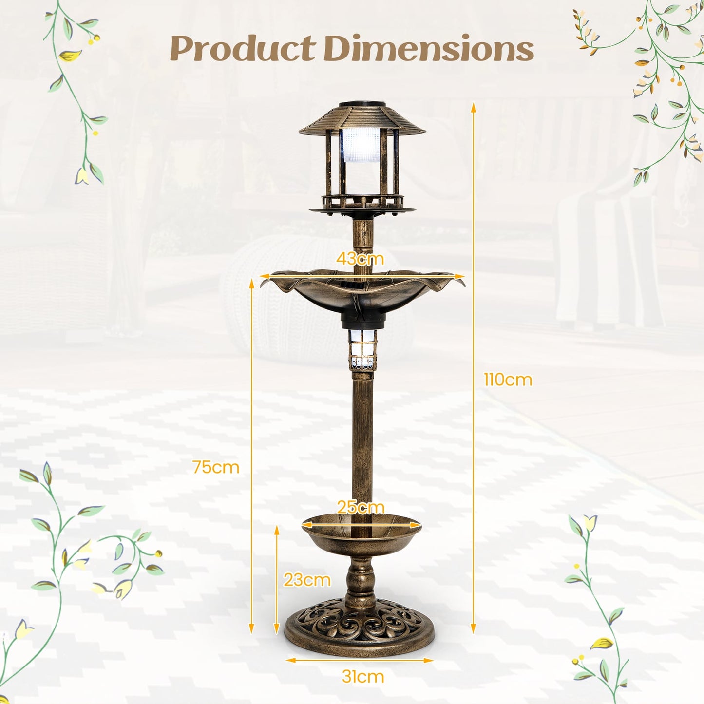 Antique Lighted Birdbath and Feeder Combo with 2 Solar-powered Lamps-Antique