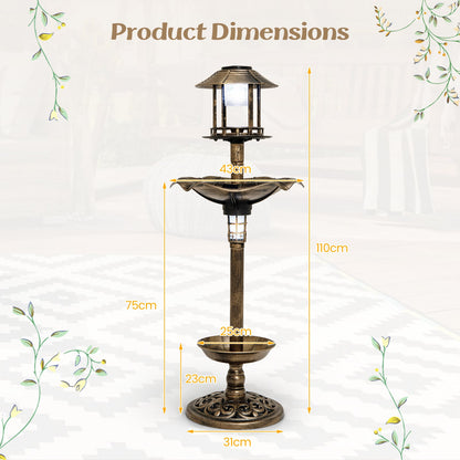 Antique Lighted Birdbath and Feeder Combo with 2 Solar-powered Lamps-Antique