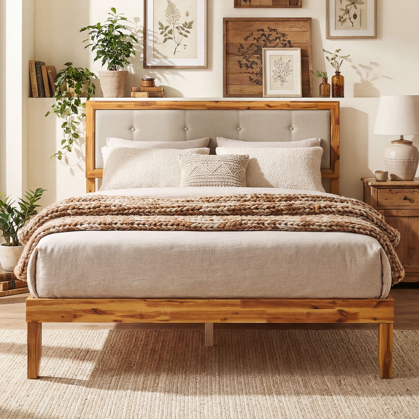 Solid Acacia Wood Bed Frame with Tufted Headboard and Ample Under-bed Space-Full Size