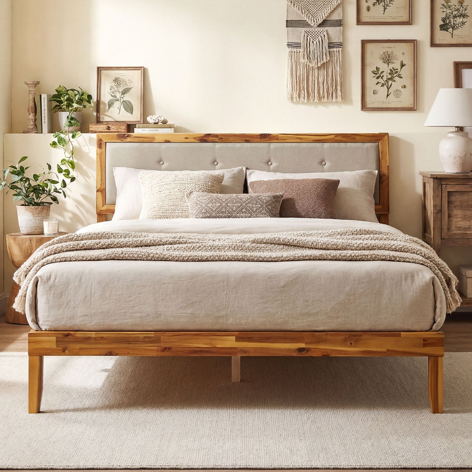 Solid Acacia Wood Bed Frame with Tufted Headboard and Ample Under-bed Space-Queen Size