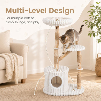 Solid Wood Cat Tree with Real Wood Branches and Scratching Posts for Indoor-Beige