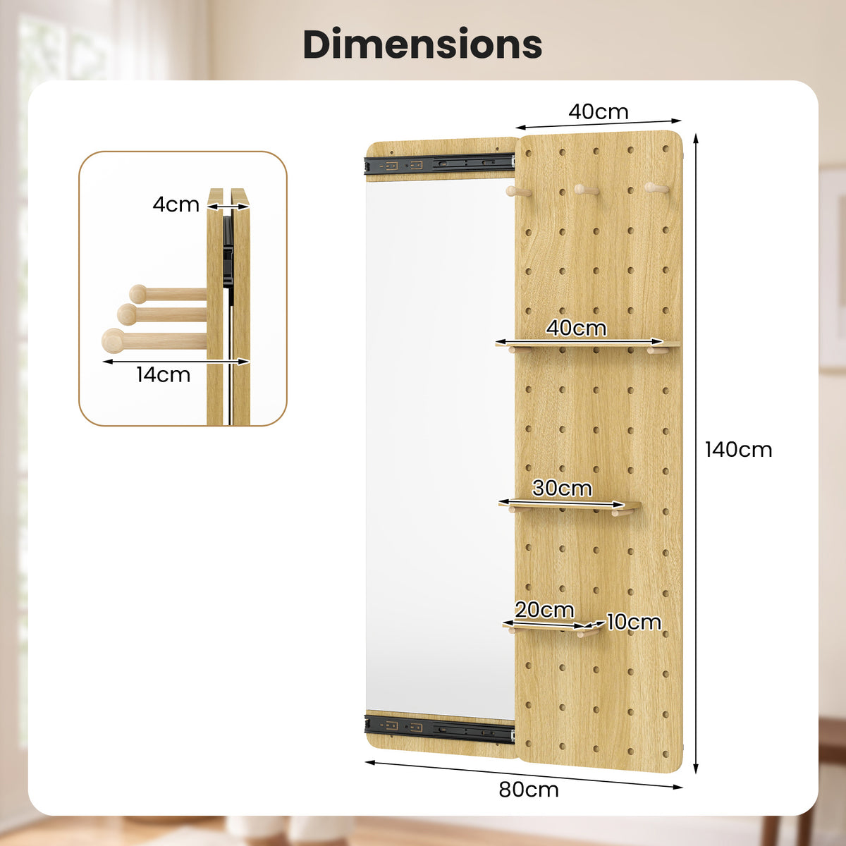 Solid Wood Wall Mounted Mirror and Pegboard Storage Organizer-Natural