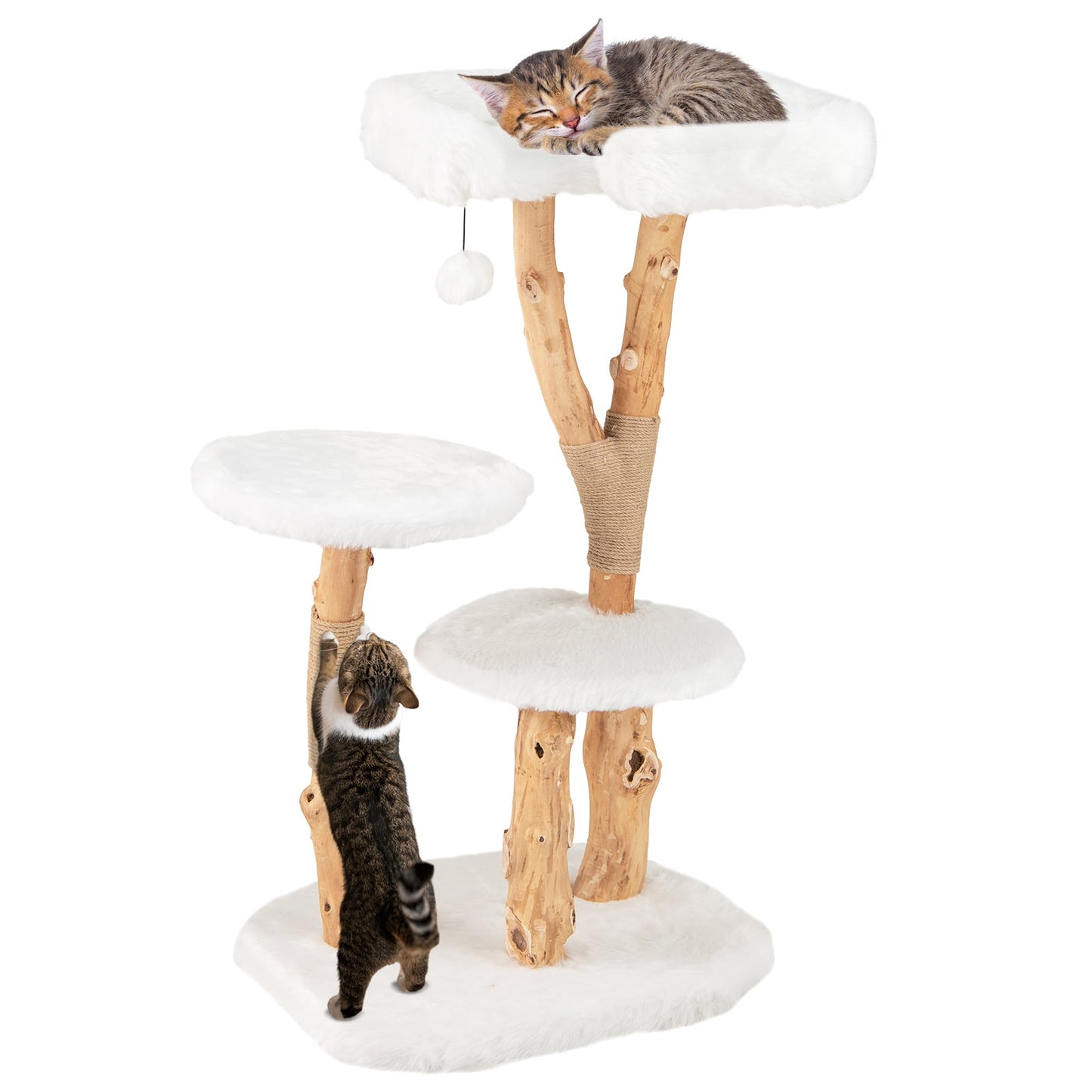 Solid Wood Cat Tree with Perch and Dangling Ball-White