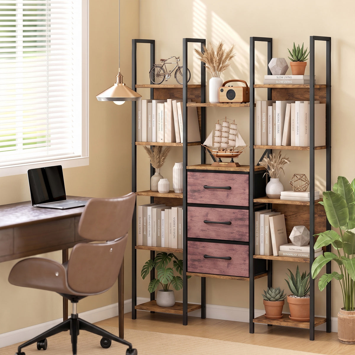 HOMCOM Bookshelf with Drawers Bookcase Open Shelves Storage Unit Study Bedroom Living Room Rustic Brown