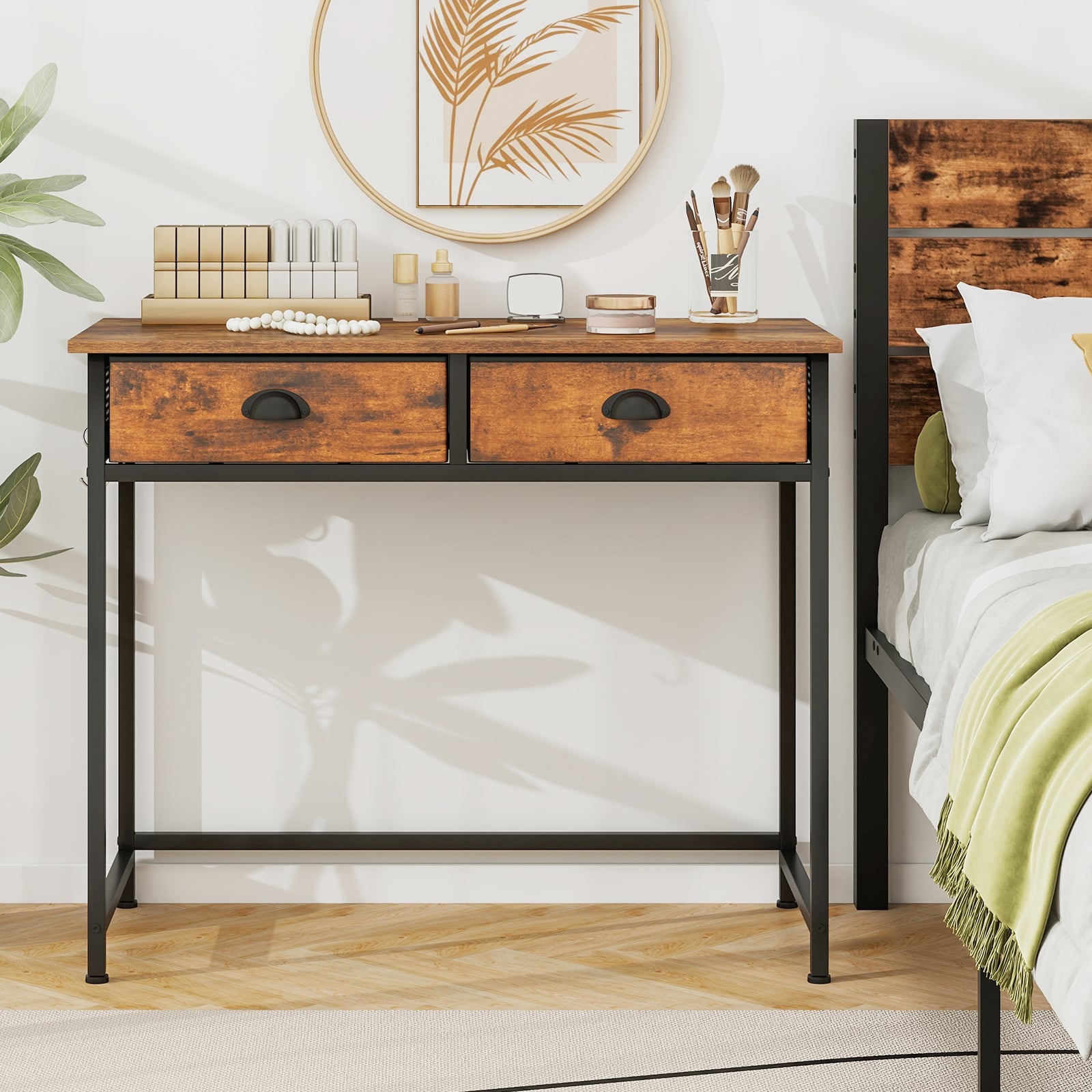 Space Saving Computer Desk with 2 Fabric Drawers-Rustic Brown