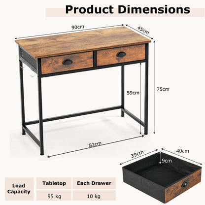 Space Saving Computer Desk with 2 Fabric Drawers-Rustic Brown