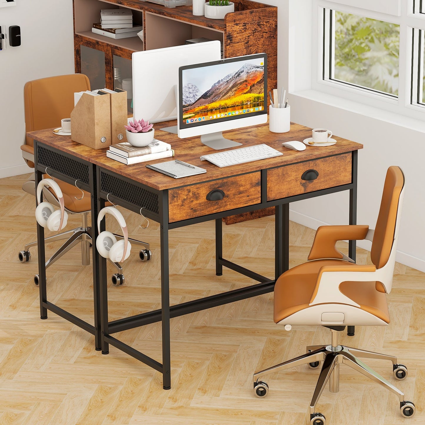 Space Saving Computer Desk with 2 Fabric Drawers-Rustic Brown