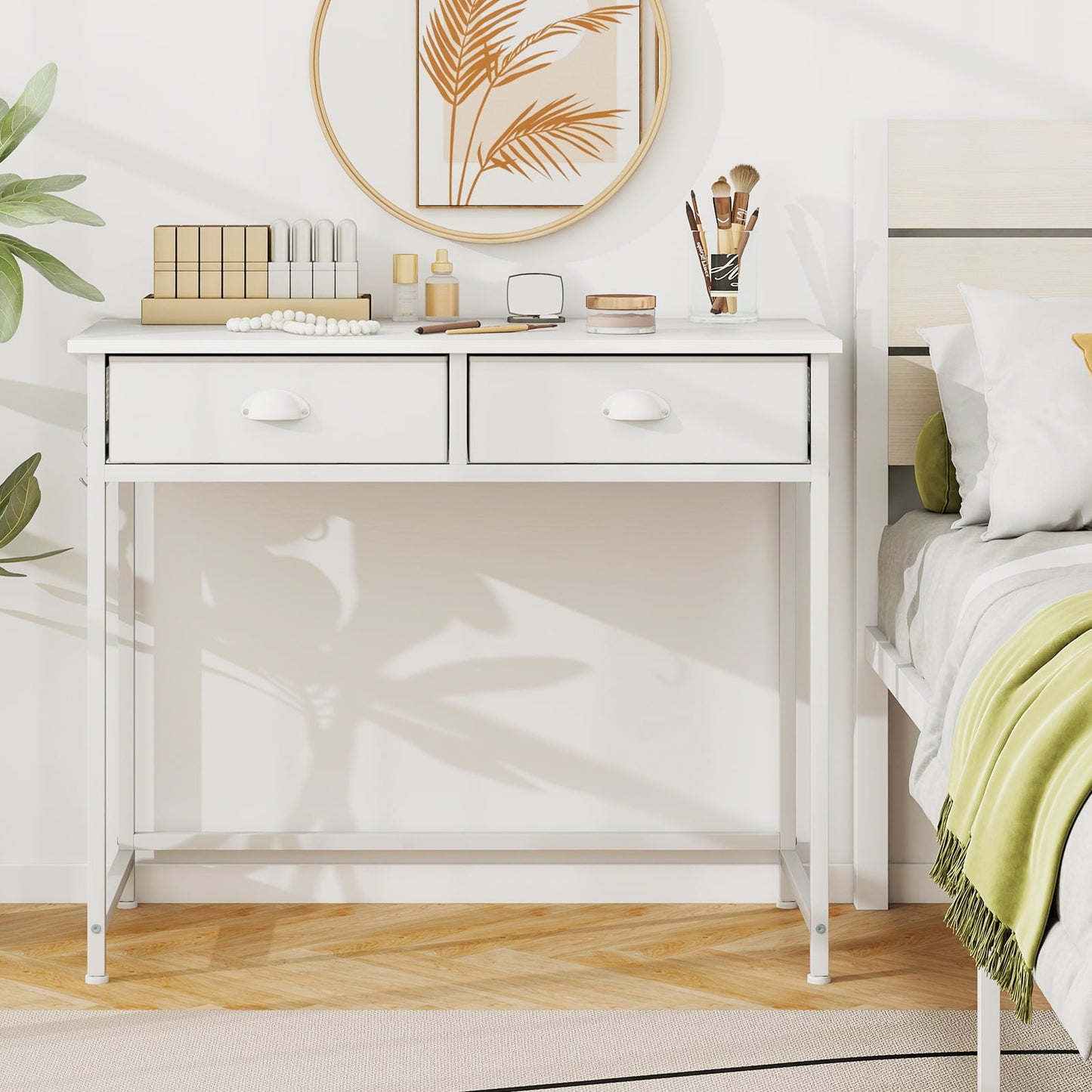 Space Saving Computer Desk with 2 Fabric Drawers-White