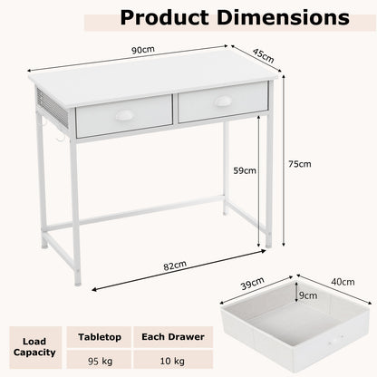 Space Saving Computer Desk with 2 Fabric Drawers-White