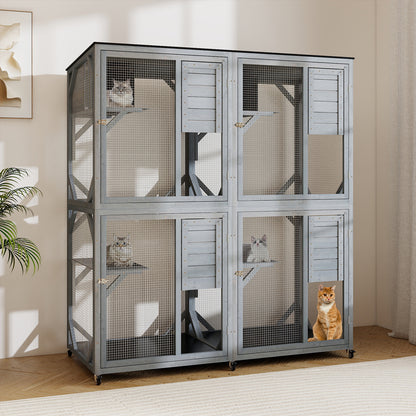 Spacious Fir Wood Outdoor Cat Enclosure with 2 Rest Nooks and 4 Activity Platforms-Grey