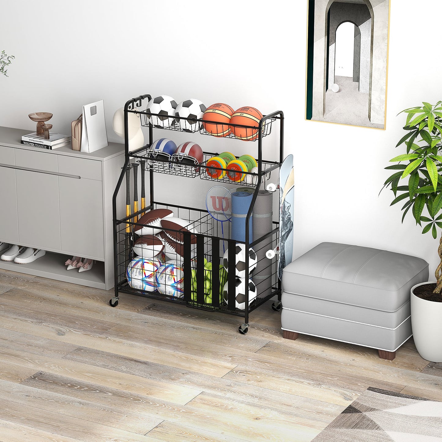 Sports Equipment Storage Rack Rolling Sports Ball Storage Cart-Black