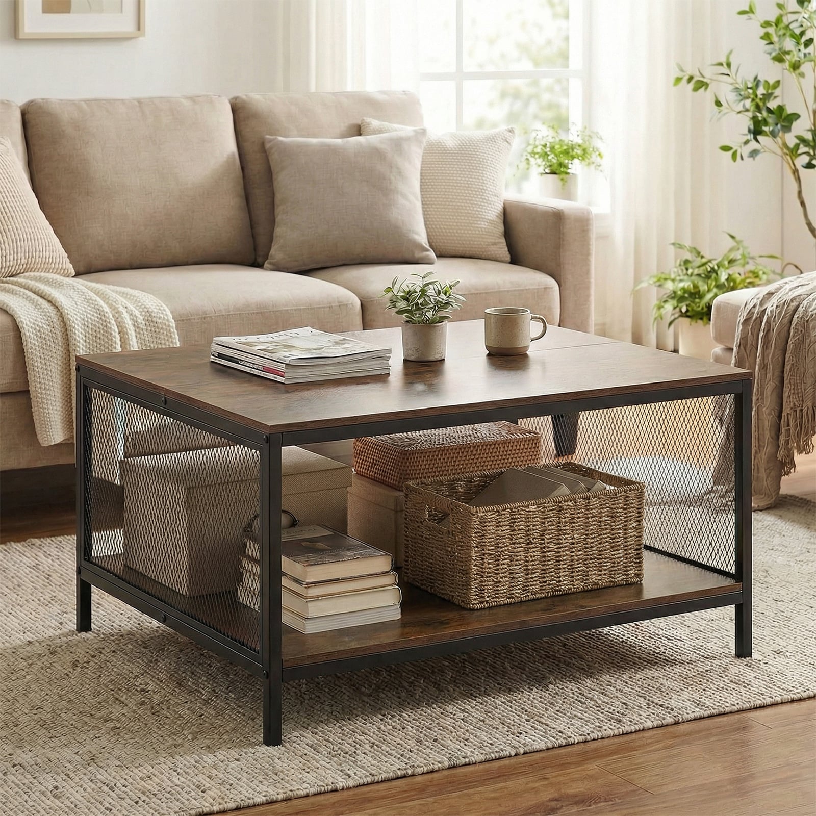 Square Coffee Table 2-Tier Center Table with Open Storage Shelf Industrial-Brown