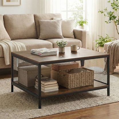 Square Coffee Table 2-Tier Center Table with Open Storage Shelf Industrial-Brown