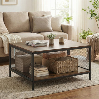 Square Coffee Table 2-Tier Center Table with Open Storage Shelf Industrial-Brown