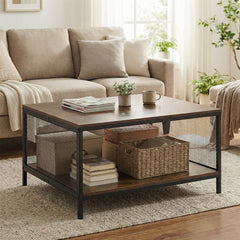Square Coffee Table 2-Tier Center Table with Open Storage Shelf Industrial-Brown