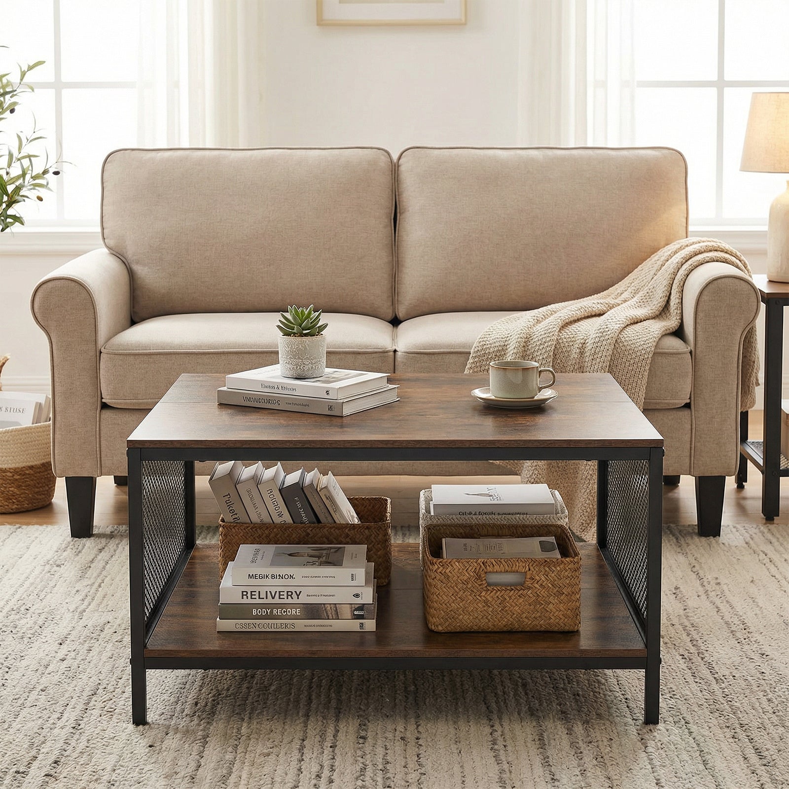Square Coffee Table 2-Tier Center Table with Open Storage Shelf Industrial-Brown