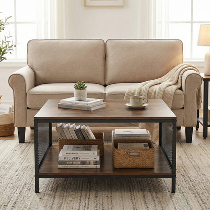 Square Coffee Table 2-Tier Center Table with Open Storage Shelf Industrial-Brown