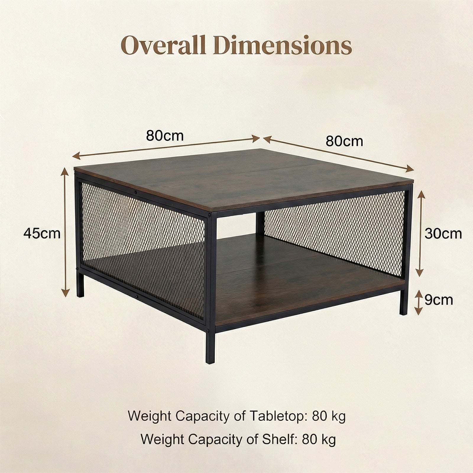 Square Coffee Table 2-Tier Center Table with Open Storage Shelf Industrial-Brown