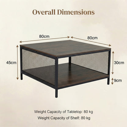Square Coffee Table 2-Tier Center Table with Open Storage Shelf Industrial-Brown