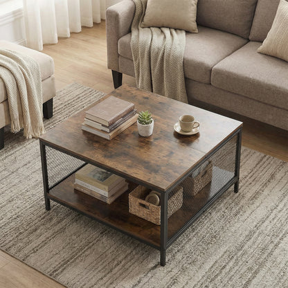 Square Coffee Table 2-Tier Center Table with Open Storage Shelf Industrial-Brown
