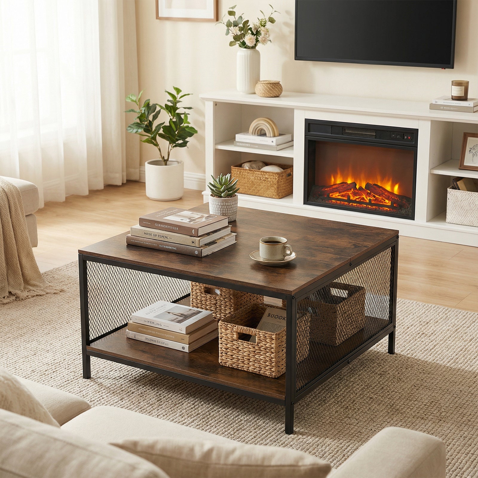 Square Coffee Table 2-Tier Center Table with Open Storage Shelf Industrial-Brown