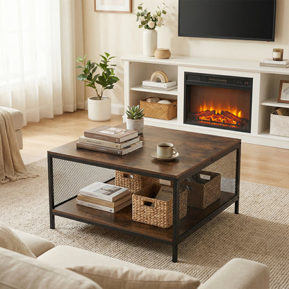 Square Coffee Table 2-Tier Center Table with Open Storage Shelf Industrial-Brown