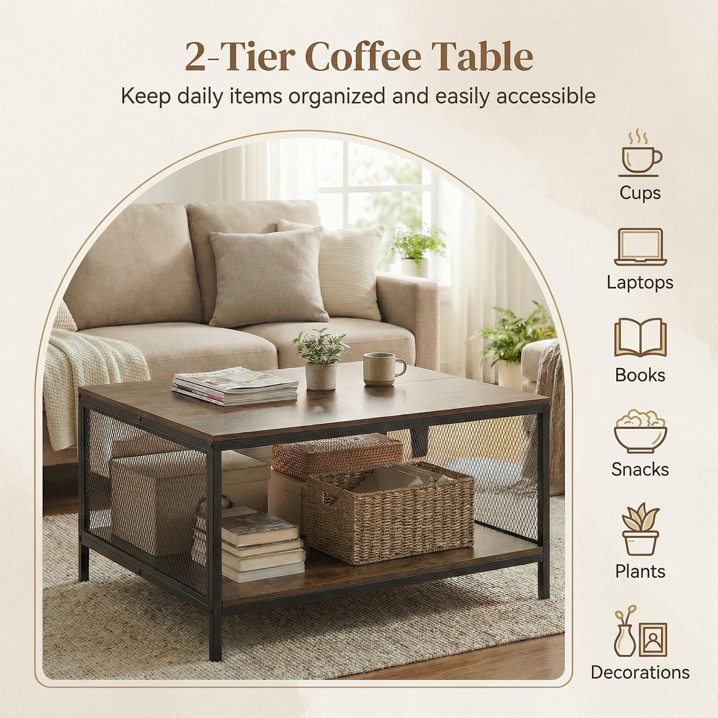 Square Coffee Table 2-Tier Center Table with Open Storage Shelf Industrial-Brown