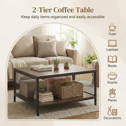 Square Coffee Table 2-Tier Center Table with Open Storage Shelf Industrial-Brown