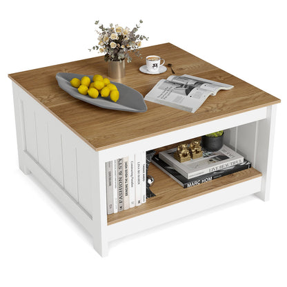 Square Coffee Table with Storage Shelf for Home Waiting Room-Natural
