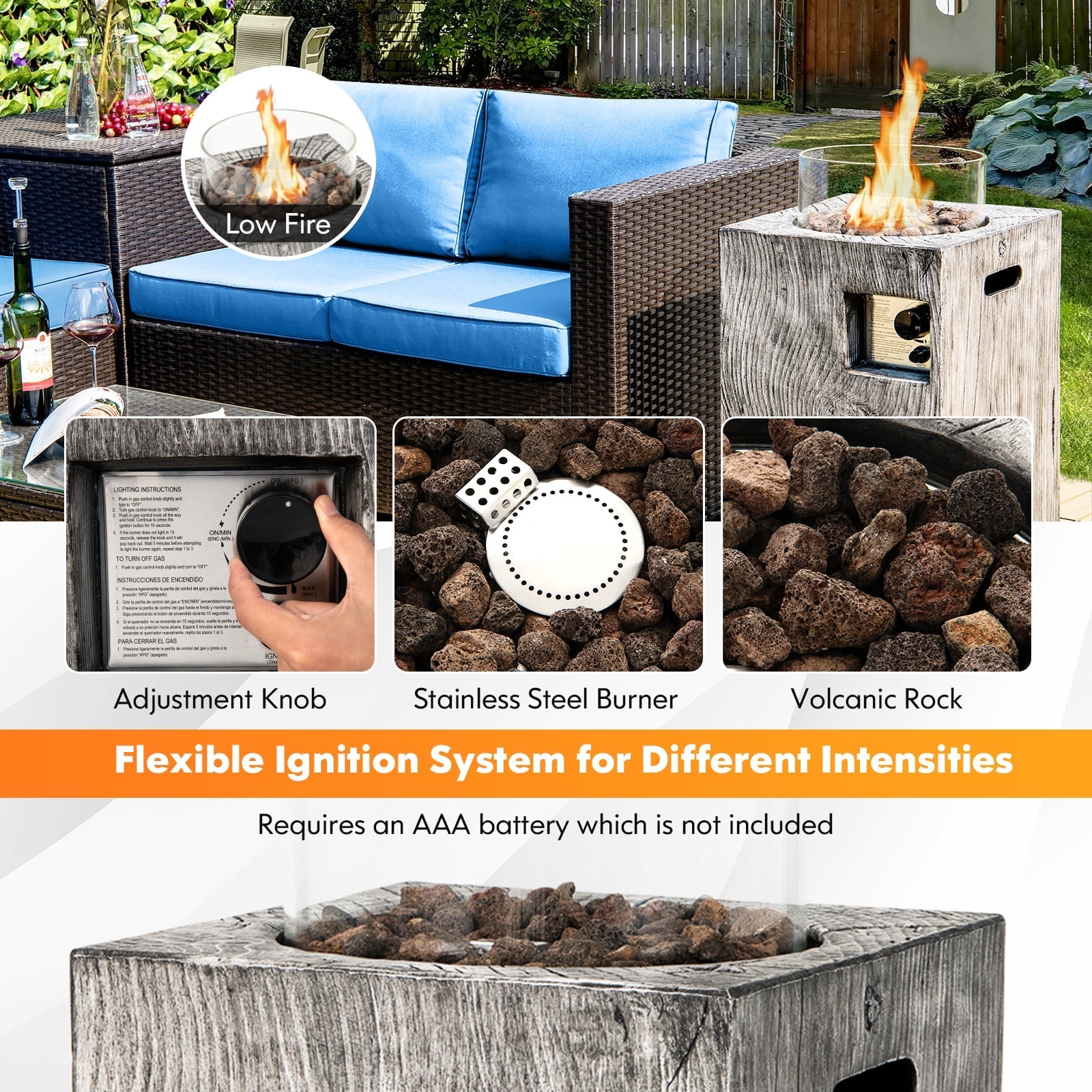 8.79 KW Propane Gas Fire Pit Table with Glass Wind Guard-Grey