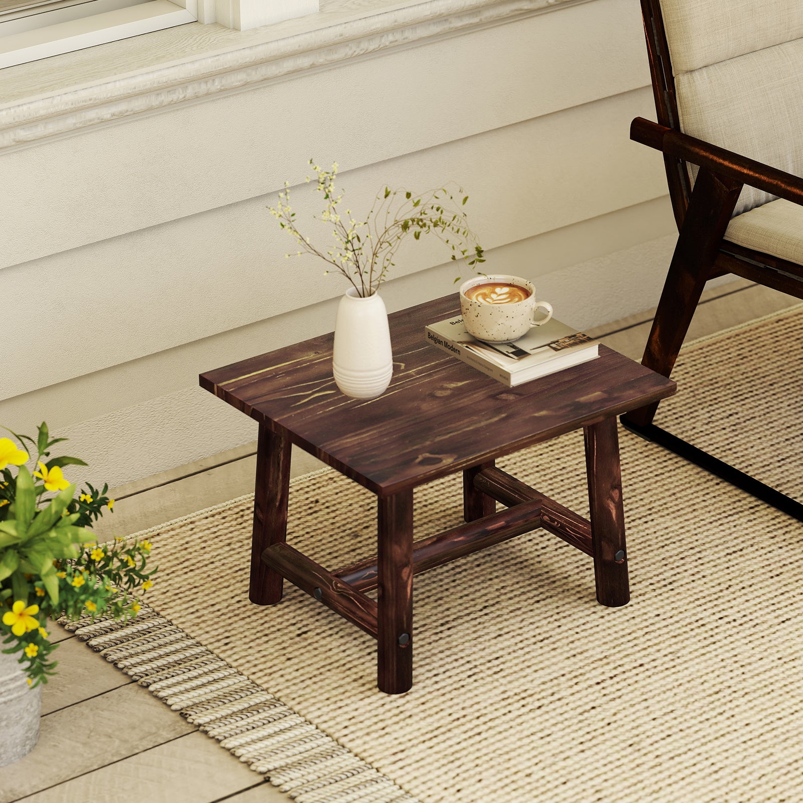 Square Side Table with Sturdy Legs and Reinforced Crossbar-Brown