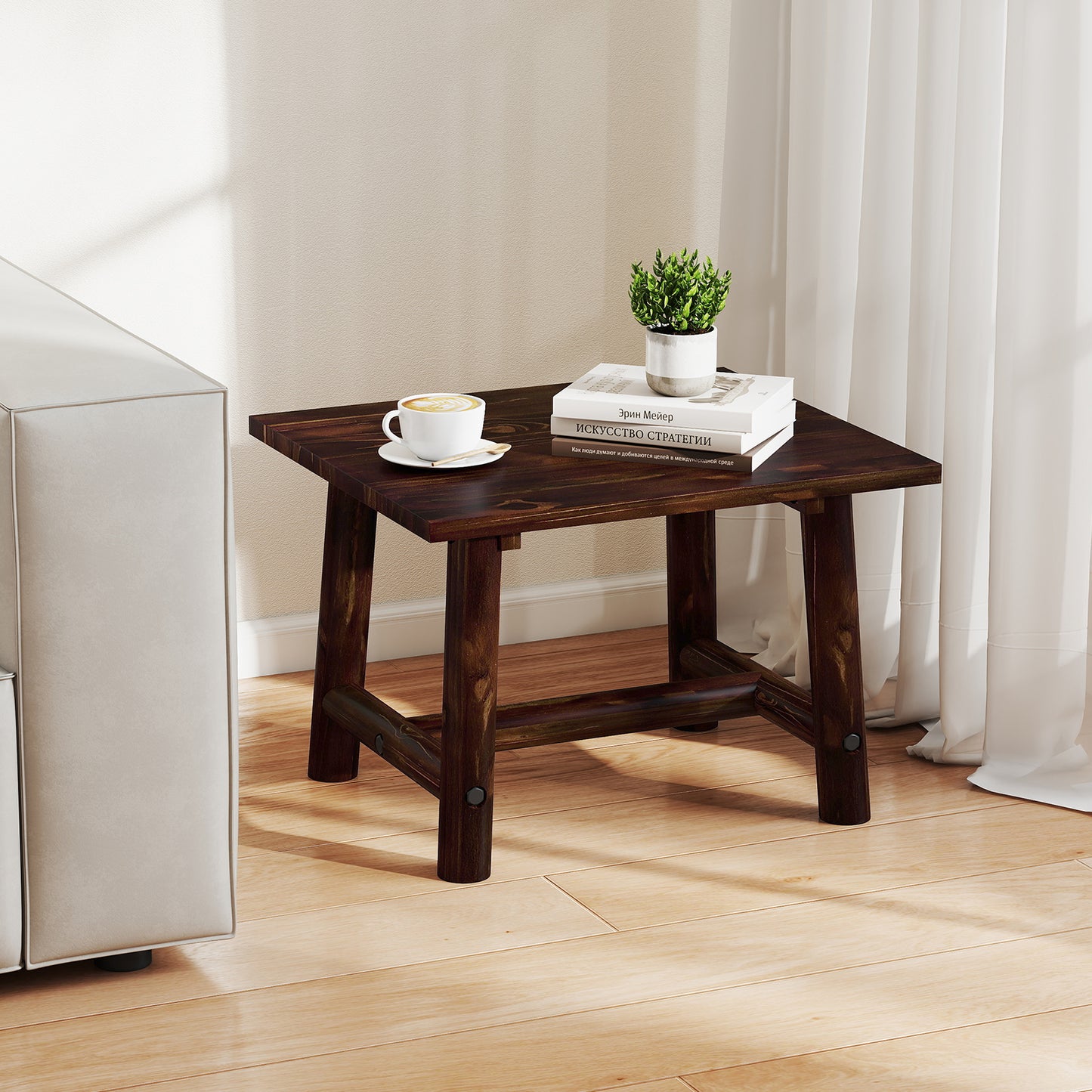 Square Side Table with Sturdy Legs and Reinforced Crossbar-Brown