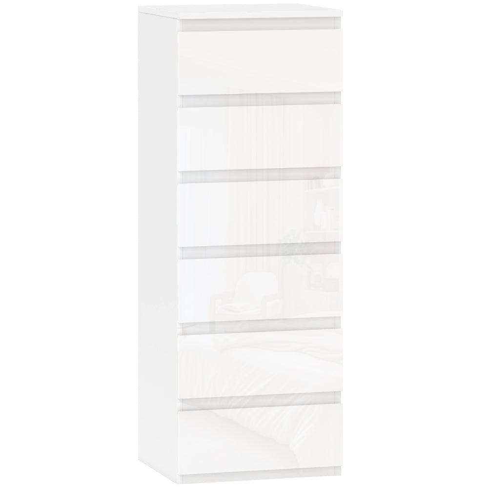 HOMCOM Chest of Drawers High Gloss Finish 6 Drawer Dresser Space Saving Slim Design Handle Free Drawers High-Gloss White