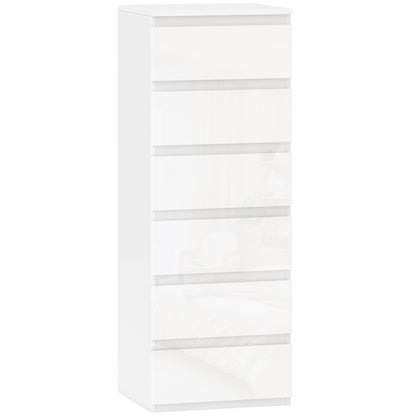 HOMCOM Chest of Drawers High Gloss Finish 6 Drawer Dresser Space Saving Slim Design Handle Free Drawers High-Gloss White