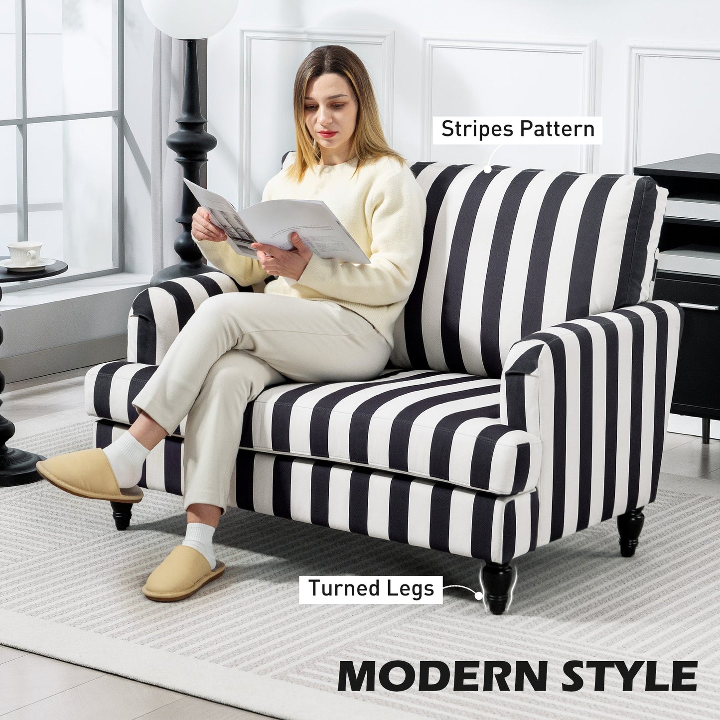 HOMCOM Modern Cuddle Chair, Velvet Single Sofa Armchair with Stripe, Turned Legs and Wide Seat, Upholstered Snuggle Chair for Living Room, Bedroom, Black and White