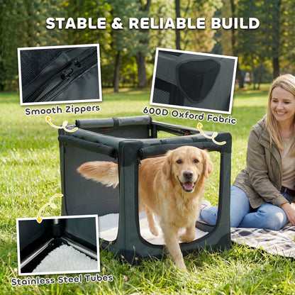 PawHut Soft Dog Crate Pet Travel Crate 90 x 64 x 64 cm with Removable Pad Mesh Window Army Green