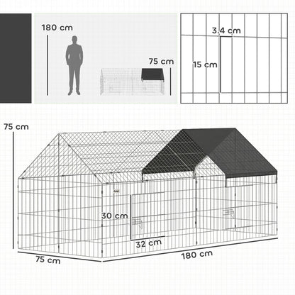 PawHut Rabbit Run with Protective Cover for  Small Animals, Chickens, Guinea Pigs, Tortoises, 180 x 75 x 75 cm, Black