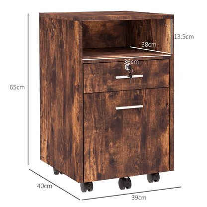 Vinsetto Lockable Filing Cabinet for Home Office, Mobile File Cabinet with Wheels Hanging Bar for A4, Letter Size, Rustic Brown