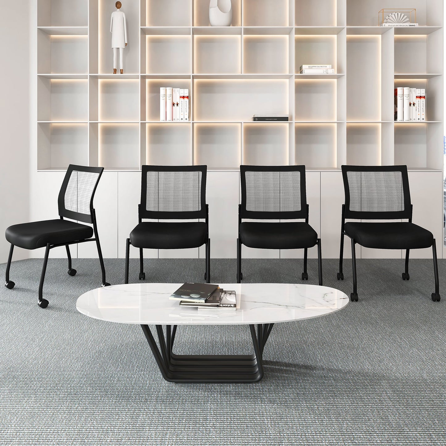 Stackable Armless Waiting Room Guest Chair with Wheels Set of 4-Black