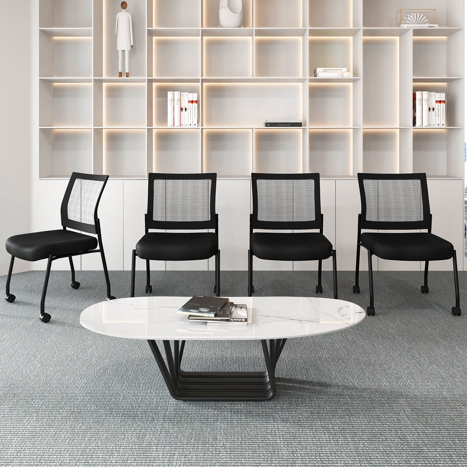 Stackable Armless Waiting Room Guest Chair with Wheels Set of 4-Black