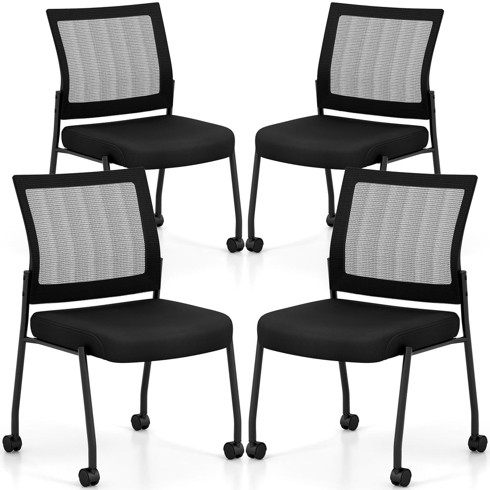Stackable Armless Waiting Room Guest Chair with Wheels Set of 4-Black