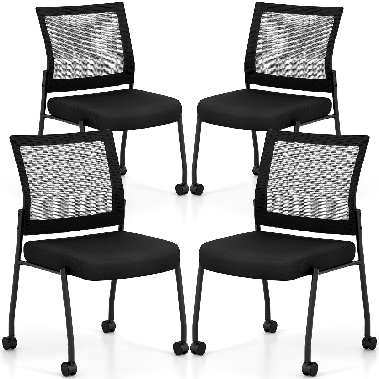 Stackable Armless Waiting Room Guest Chair with Wheels Set of 4-Black