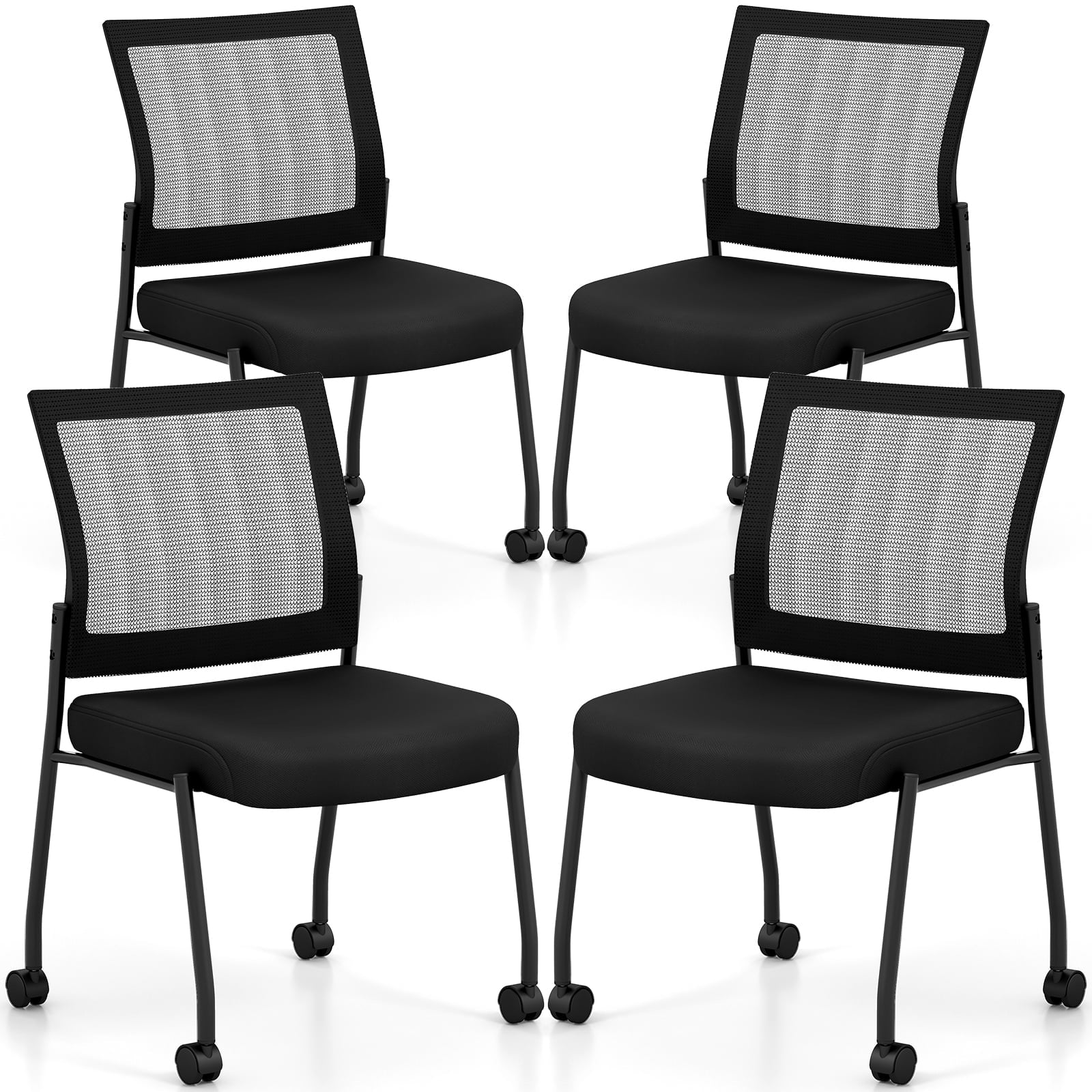 Stackable Armless Waiting Room Guest Chair with Wheels Set of 4-Black