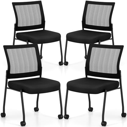 Stackable Armless Waiting Room Guest Chair with Wheels Set of 4-Black