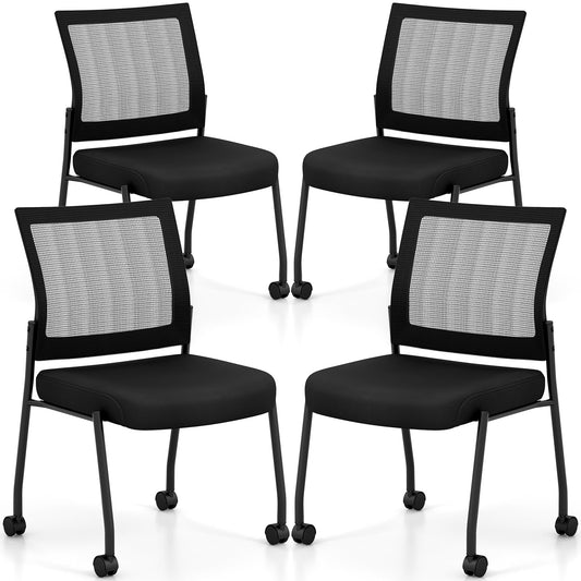 Stackable Armless Waiting Room Guest Chair with Wheels Set of 4-Black