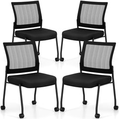 Stackable Armless Waiting Room Guest Chair with Wheels Set of 4-Black