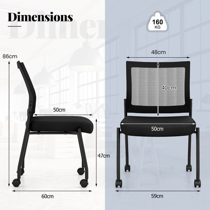 Stackable Armless Waiting Room Guest Chair with Wheels Set of 4-Black