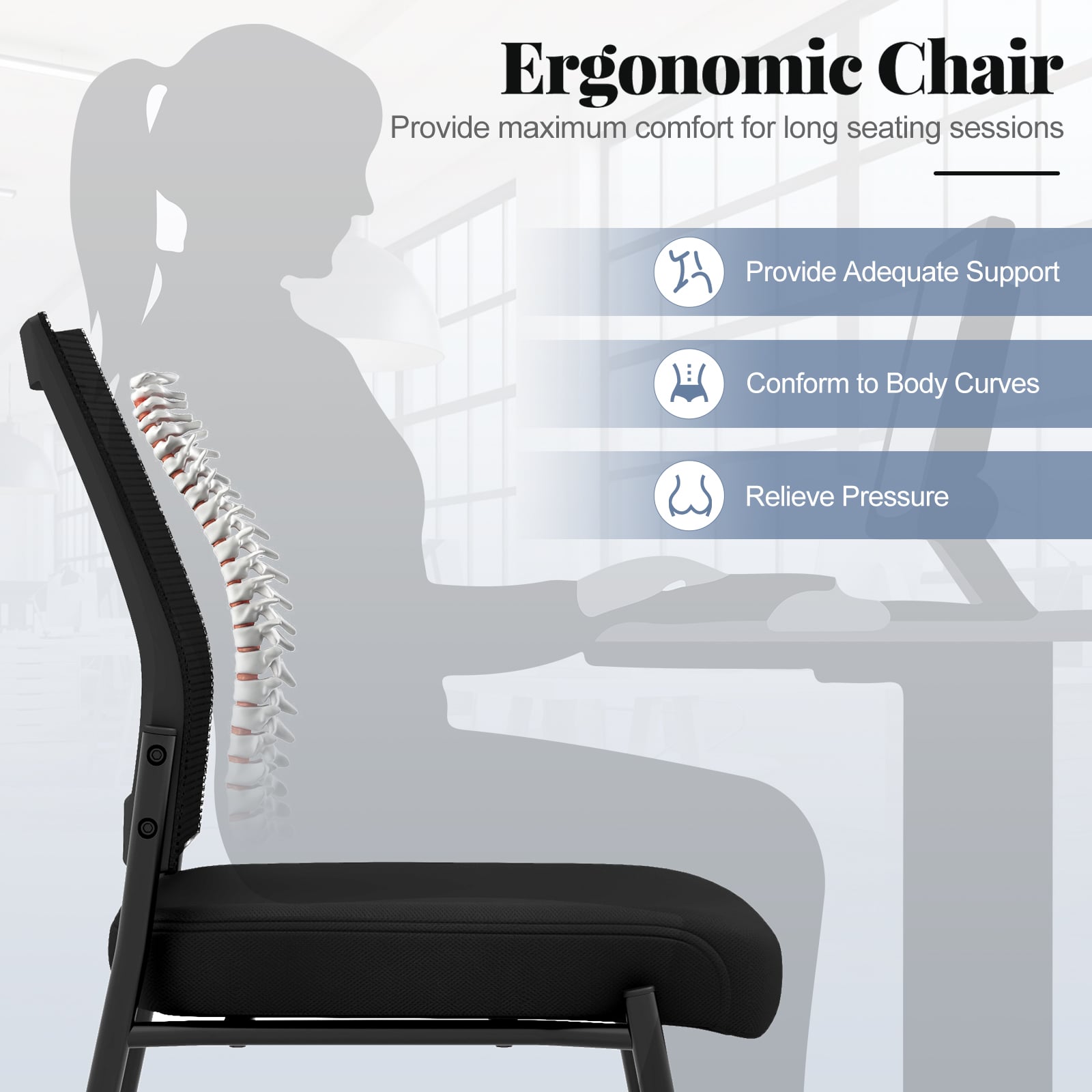 Stackable Armless Waiting Room Guest Chair with Wheels Set of 4-Black