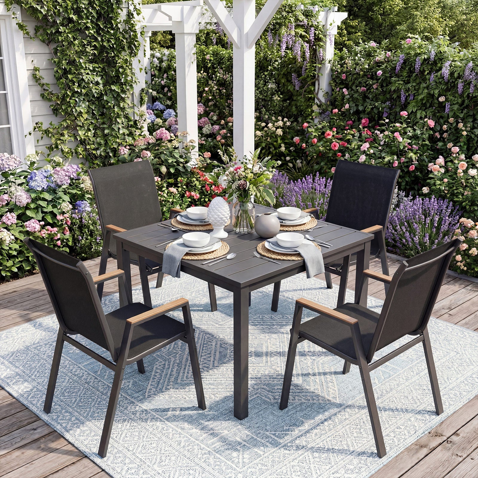 Stackable Patio Chairs Set of 2 Outdoor Breathable Fabric Dining Chairs with High Backs-Black